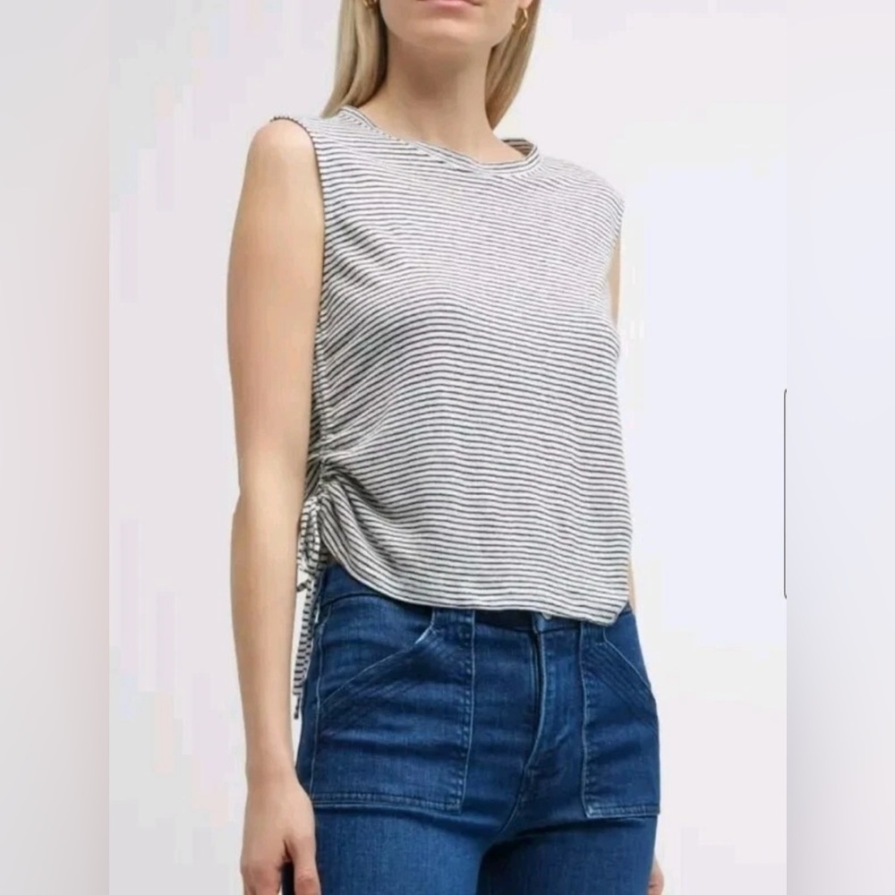 Frame Organic Linen White Striped Tank Top Tee Size L Nautical Coastal